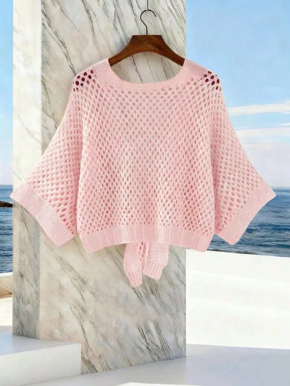 Pink Casual Women's Hollow V-Neck Tie-Up Loose Versatile Sexy Cardigan